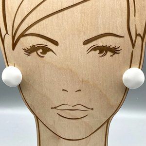 Vintage White Glass Earrings on Clip On, Basic Neutral Button with Wavy Surface